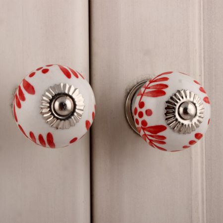 White Red Leaf Painted Knobs